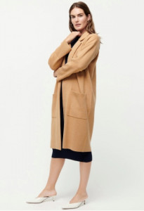 brunette woman standing in a camel jcrew long sweater coat